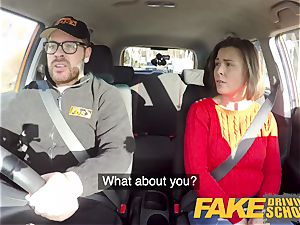 fake Driving college Jealous learner with supreme bra-stuffers
